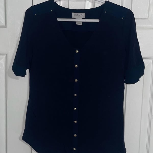 Carmen Marc Valvo Navy Blue V-Neck Button-Down Blouse