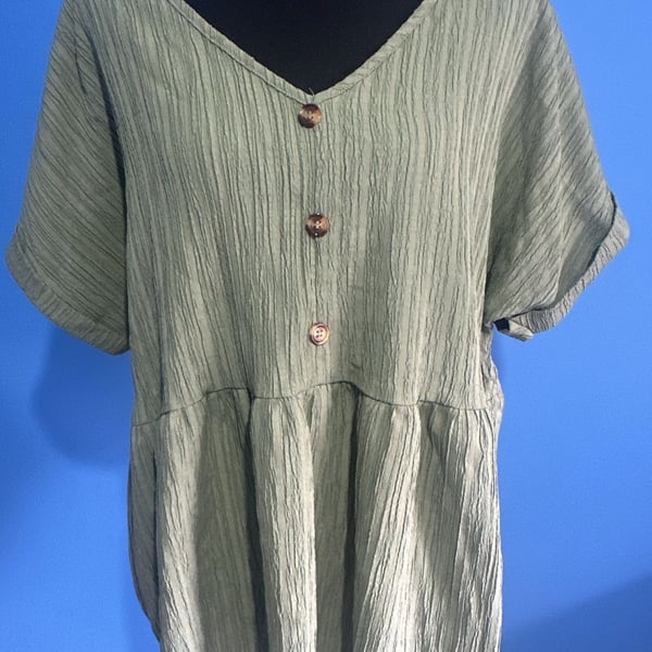 SHEIN Sage Green V-Neck Short Sleeve Button-Down Crinkle Peplum Blouse Top XL