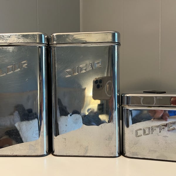 Vintage Masterware Canette Chrome and Black Handle 3 Piece Canister Set Mid Century Modern Chrome Sugar Flour and Coffee Canister Set