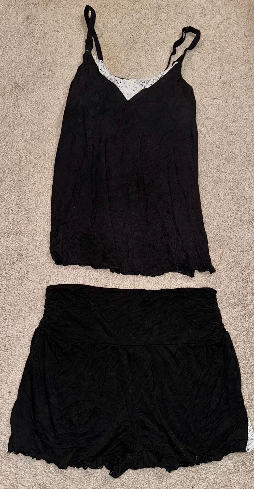Black and White Lace Trim Cami and Shorts Set Pajamas 1