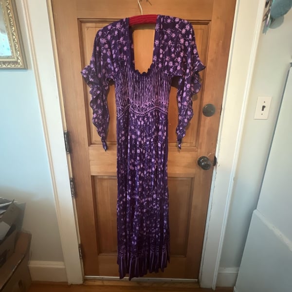 Lotus Traders Batik Smocked Cottagecore Ruffle Bell Sleeves Maxi Dress