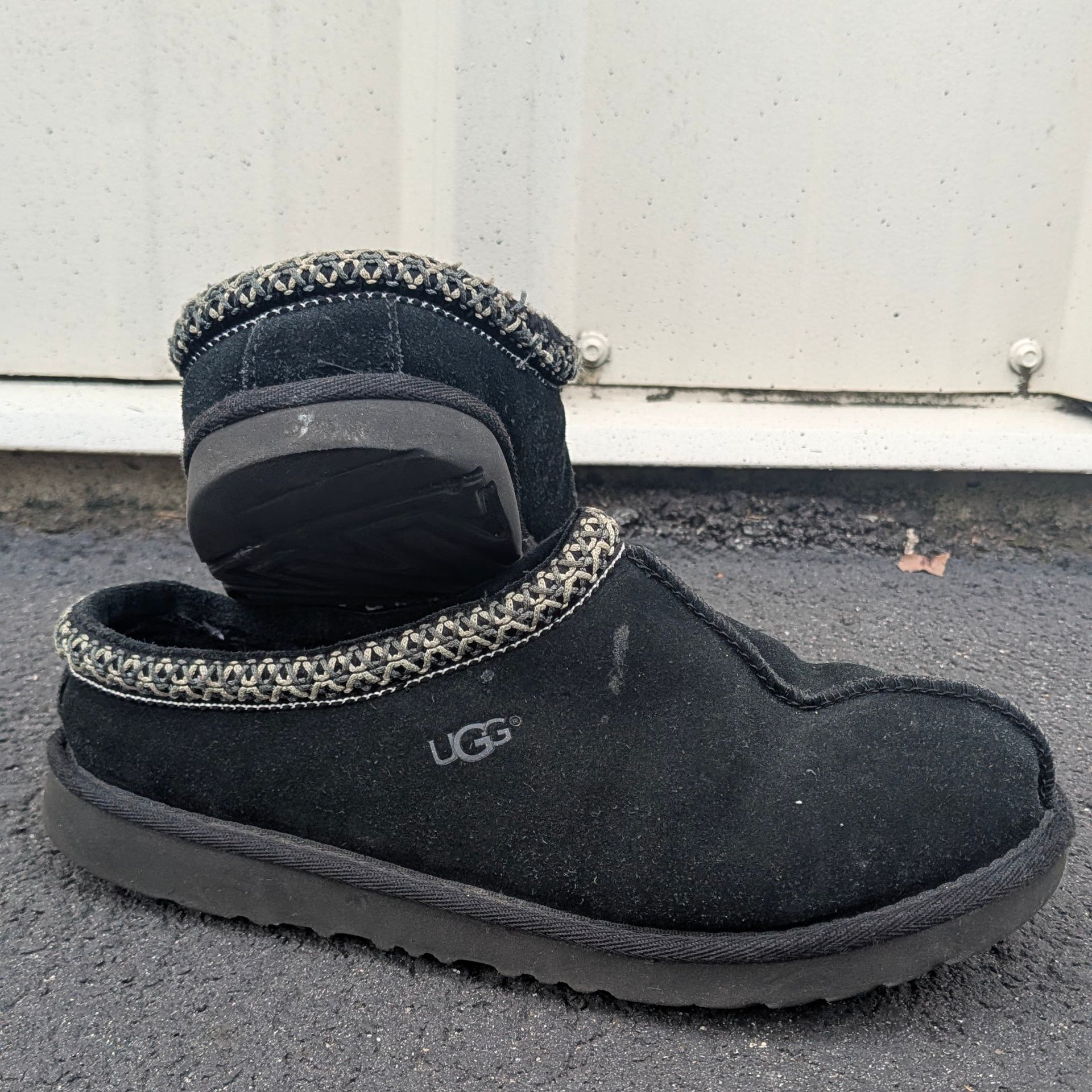 UGG Tasman Black Suede Slippers with Embroidered Collar 1