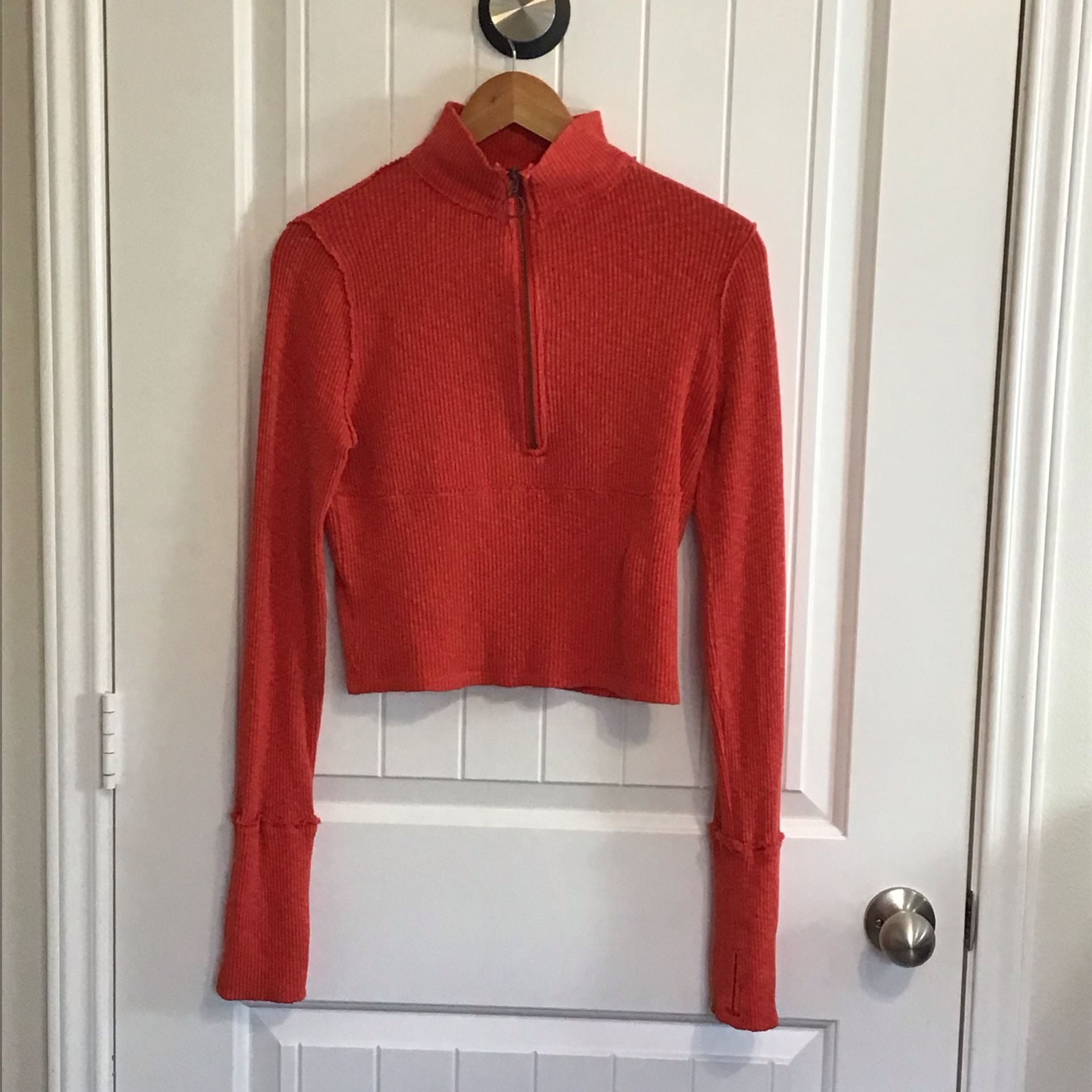 We The Free People Midnight Half Zip High Risk Red Ribbed Cropped Top Small 2