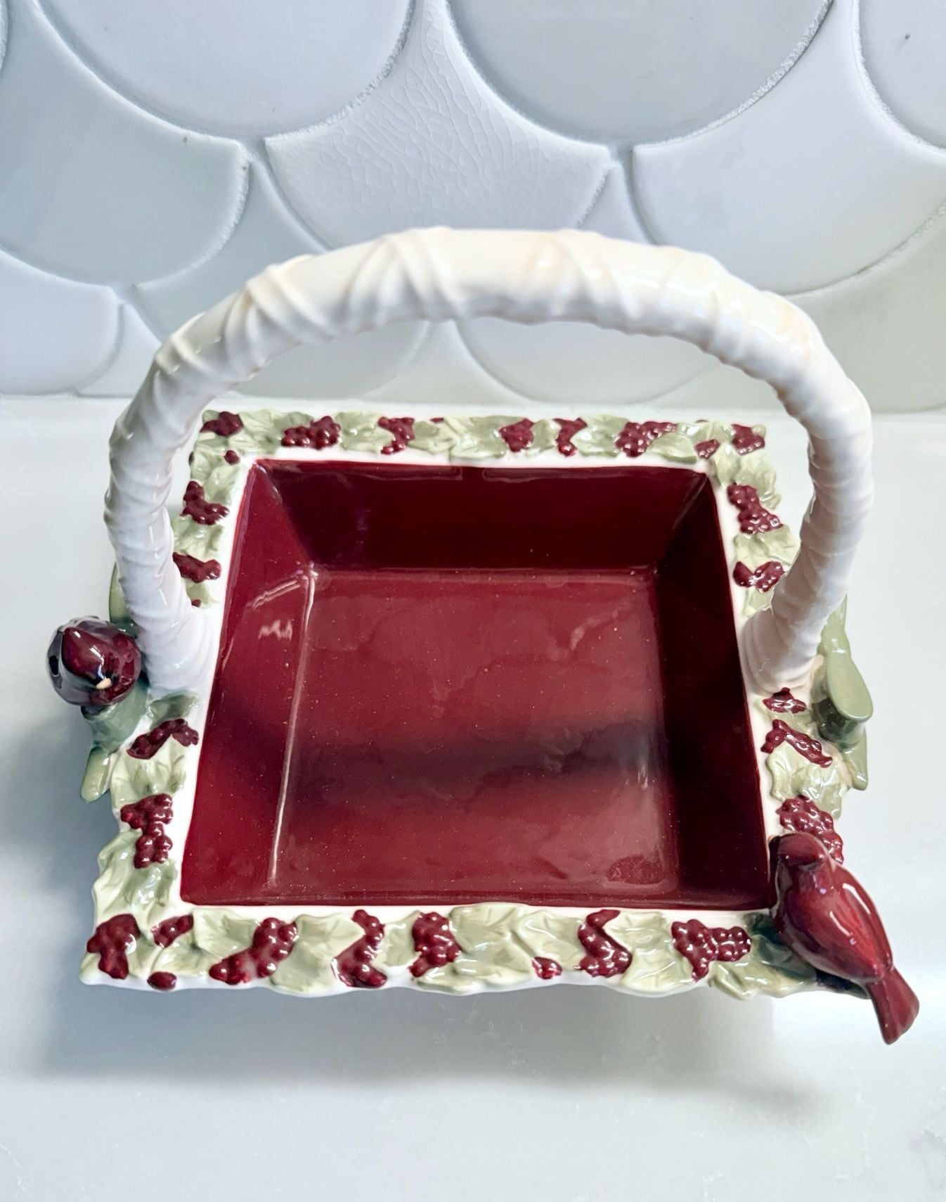 Grasslands Road Cardinal and Holly Berry Ceramic Basket Serving Dish 3