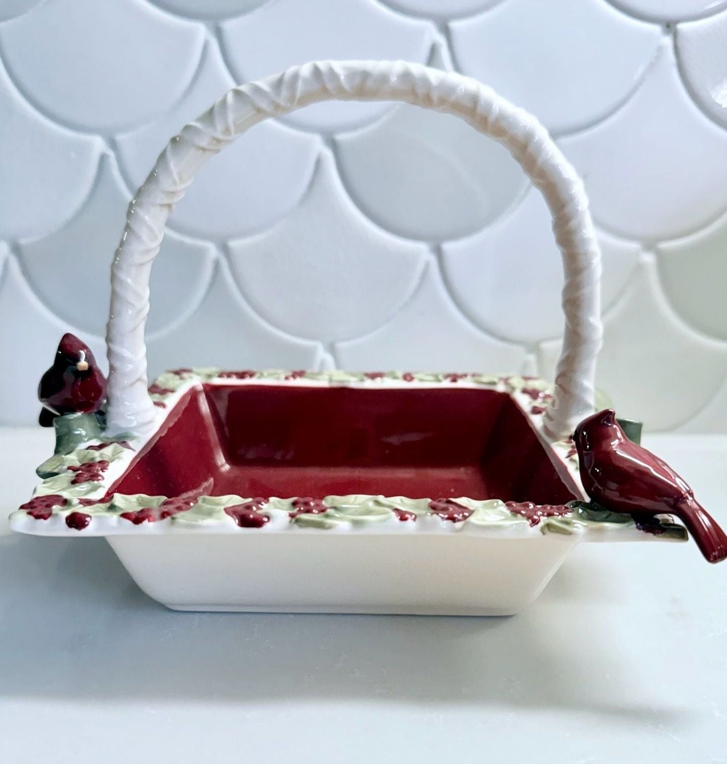 Grasslands Road Cardinal and Holly Berry Ceramic Basket Serving Dish 1