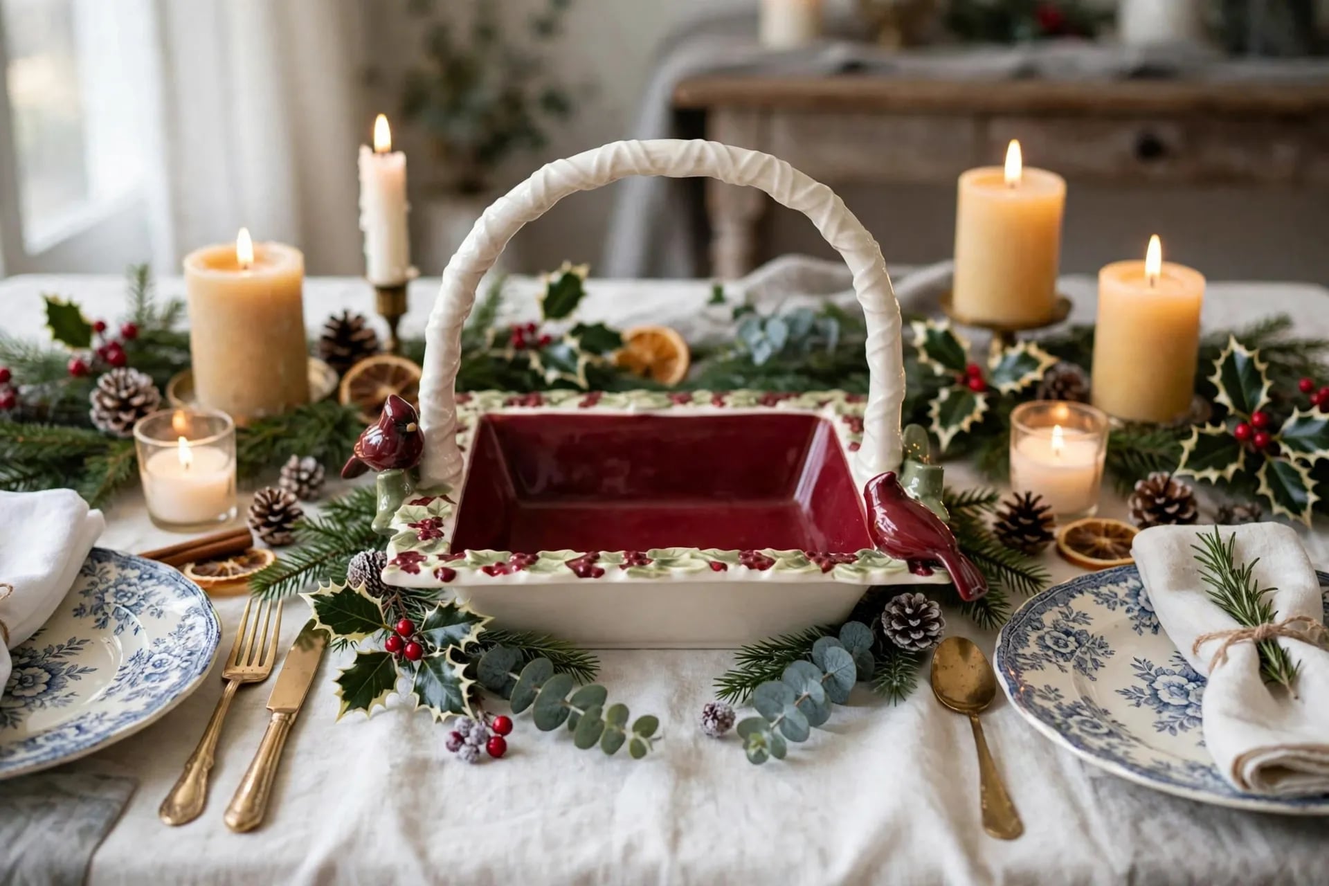 Grasslands Road Cardinal and Holly Berry Ceramic Basket Serving Dish 2
