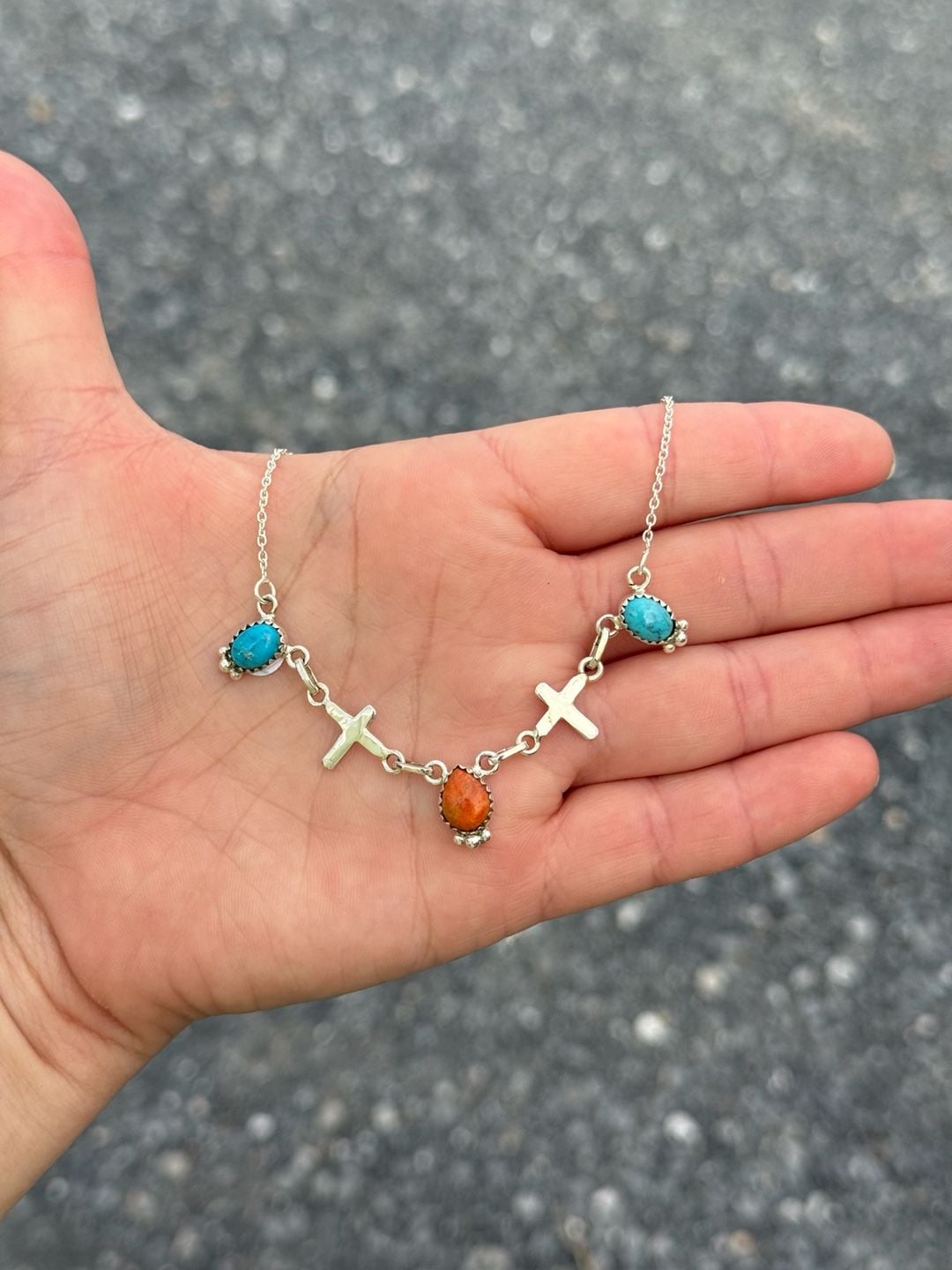 Southwest Sterling Silver Turquoise and Orange Mojave Cross Link Necklace 2