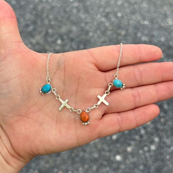 Southwest Sterling Silver Turquoise and Orange Mojave Cross Link Necklace