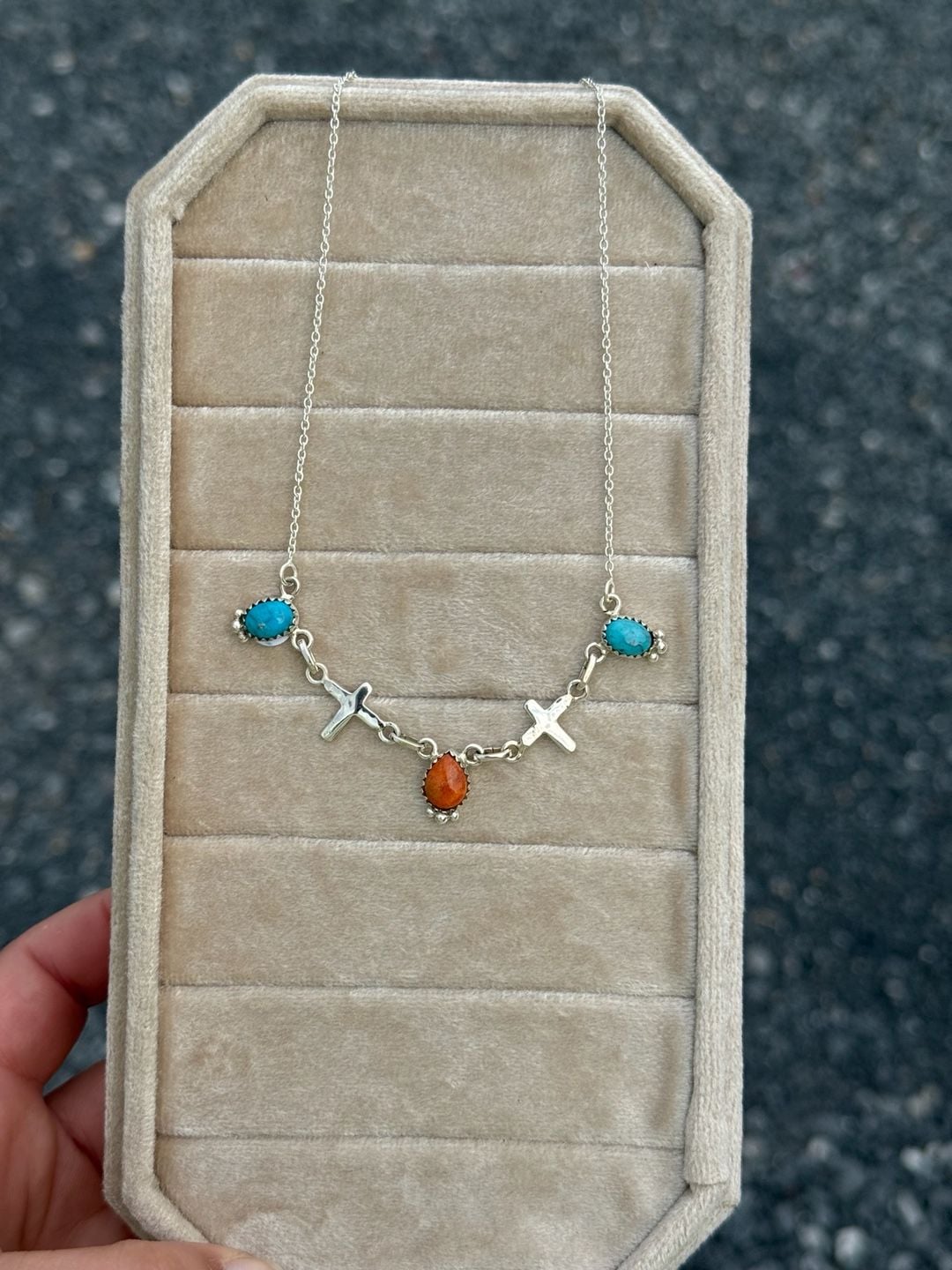 Southwest Sterling Silver Turquoise and Orange Mojave Cross Link Necklace 3