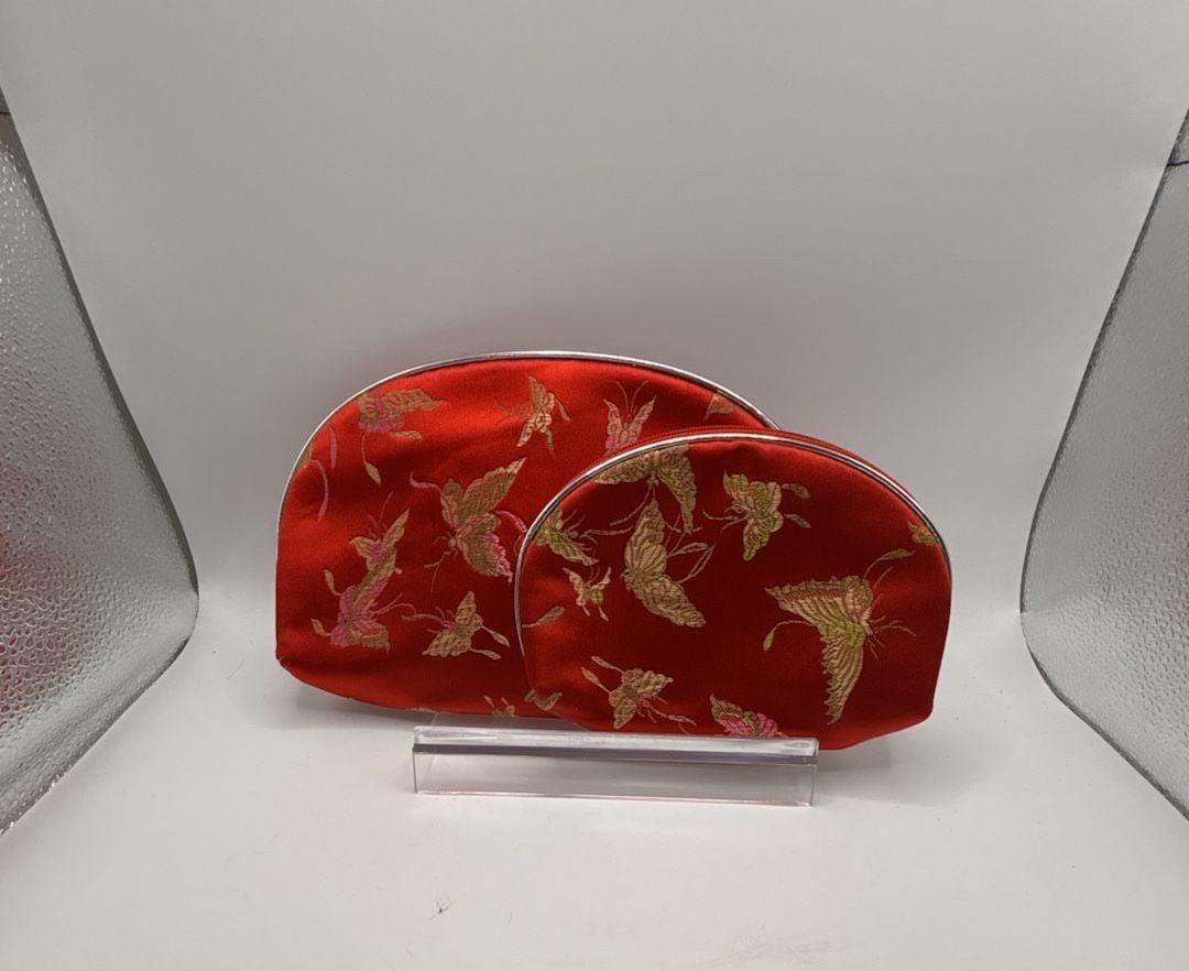 Set of 2 Red Satin Embroidered Butterfly Makeup Bags 1