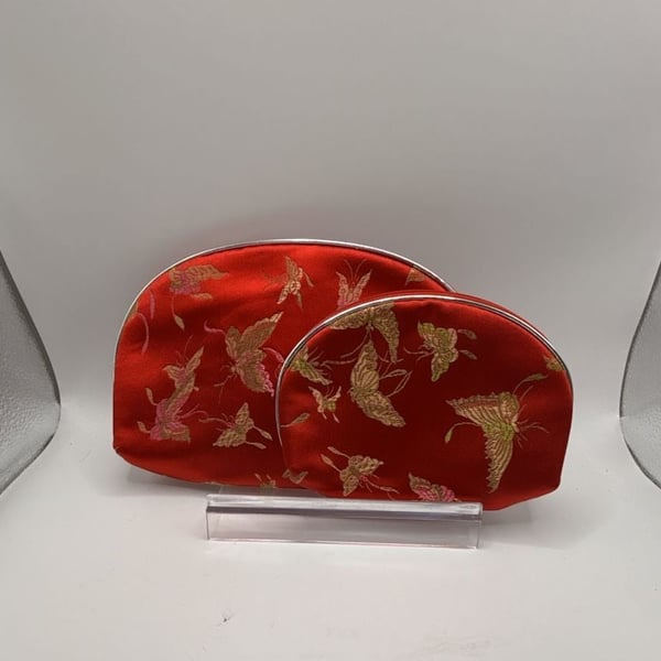Set of 2 Red Satin Embroidered Butterfly Makeup Bags