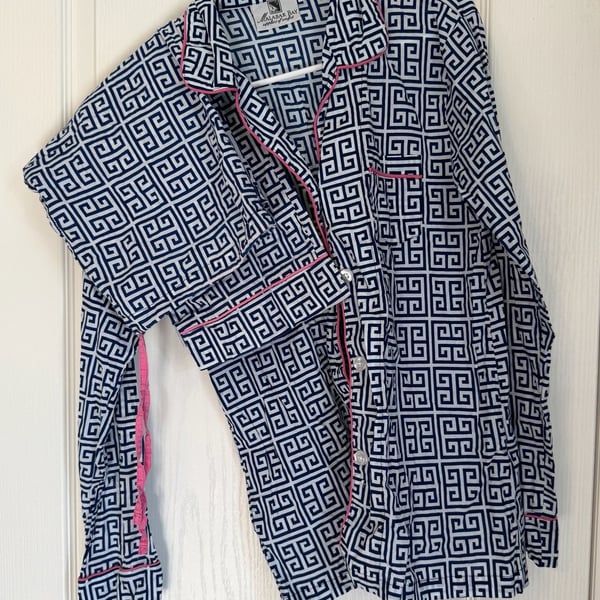 Malabar Bay Blue and White Greek Key Print Pajama Top and Bottoms Size S 