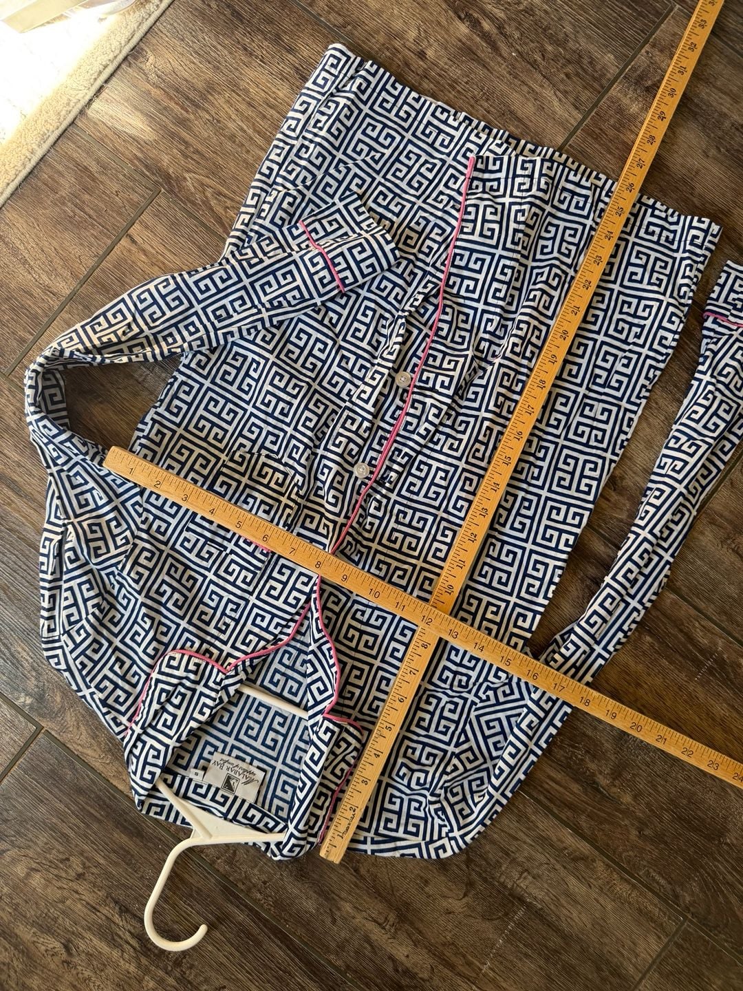 Malabar Bay Blue and White Greek Key Print Pajama Top and Bottoms Size S 3