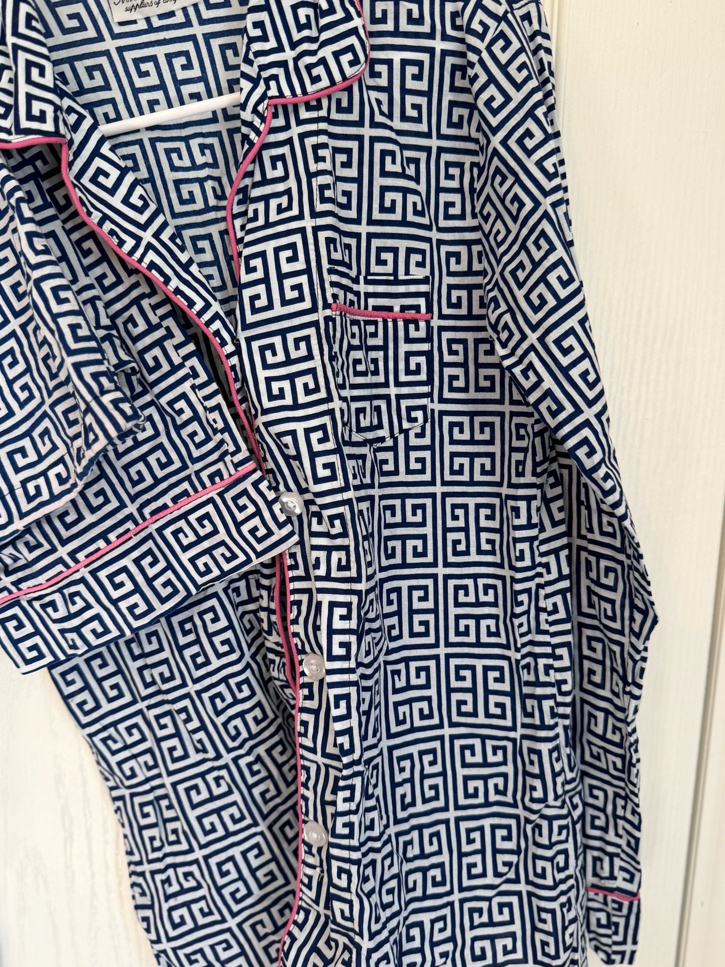 Malabar Bay Blue and White Greek Key Print Pajama Top and Bottoms Size S 7