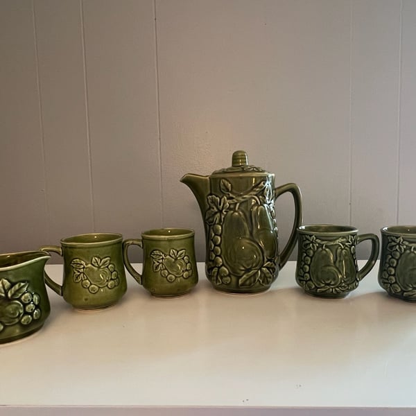 Vintage Japanese Green Ceramic Tea Set with Fruit and Vegetable Motif, 6-Piece
