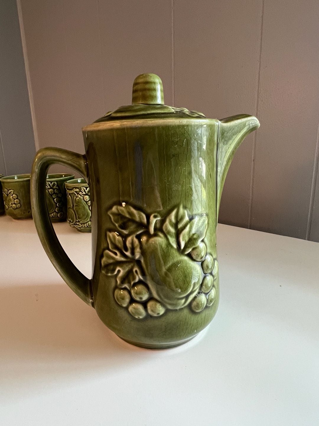 Vintage Japanese Green Ceramic Tea Set with Fruit and Vegetable Motif, 6-Piece 2