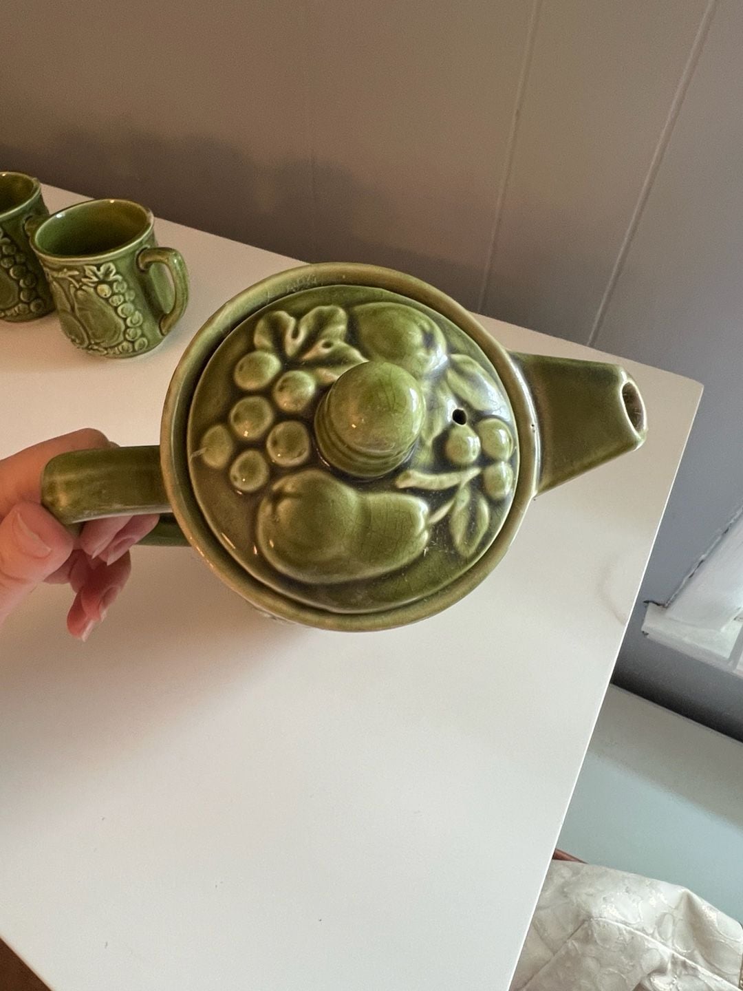 Vintage Japanese Green Ceramic Tea Set with Fruit and Vegetable Motif, 6-Piece 3