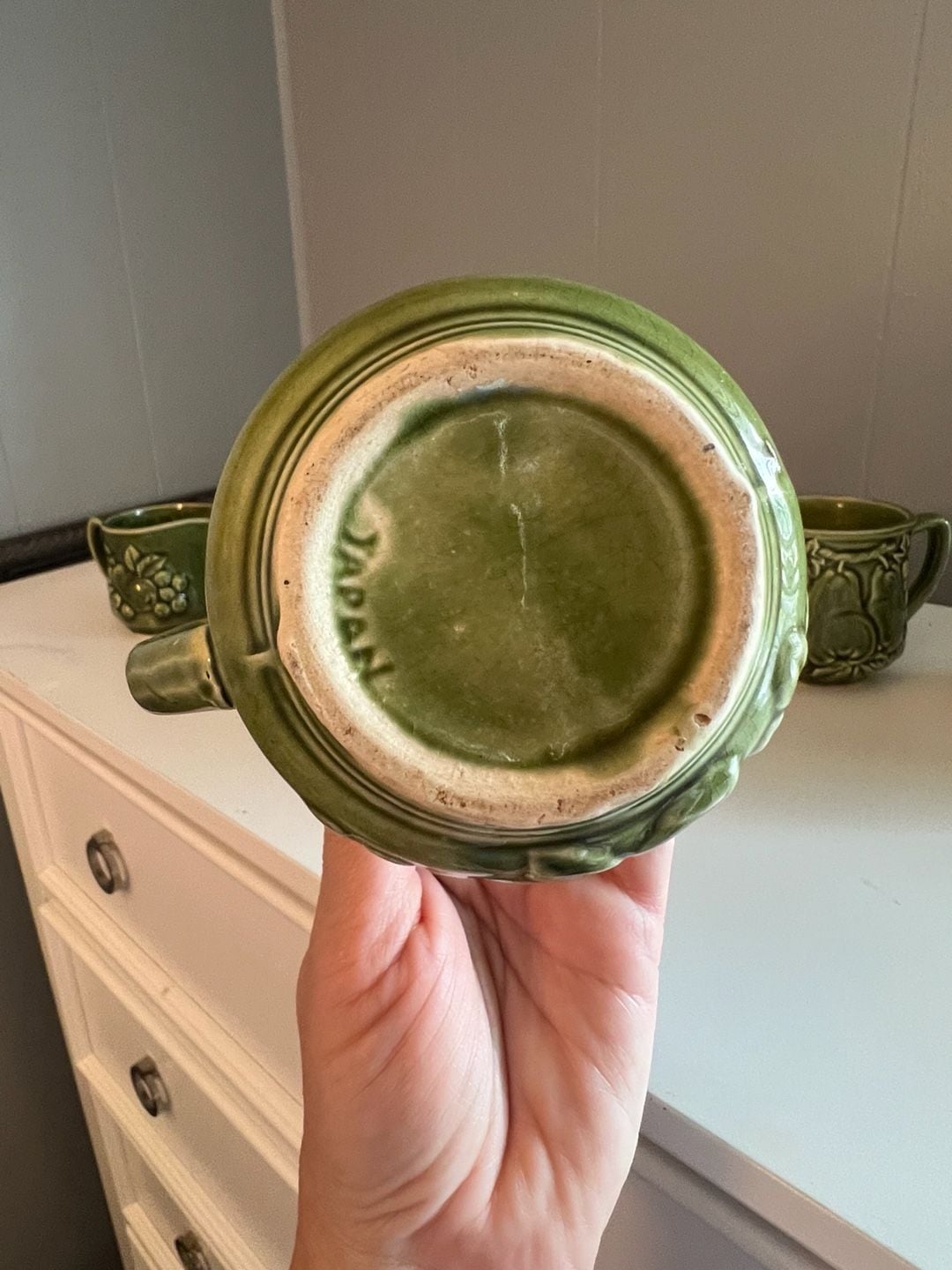 Vintage Japanese Green Ceramic Tea Set with Fruit and Vegetable Motif, 6-Piece 13