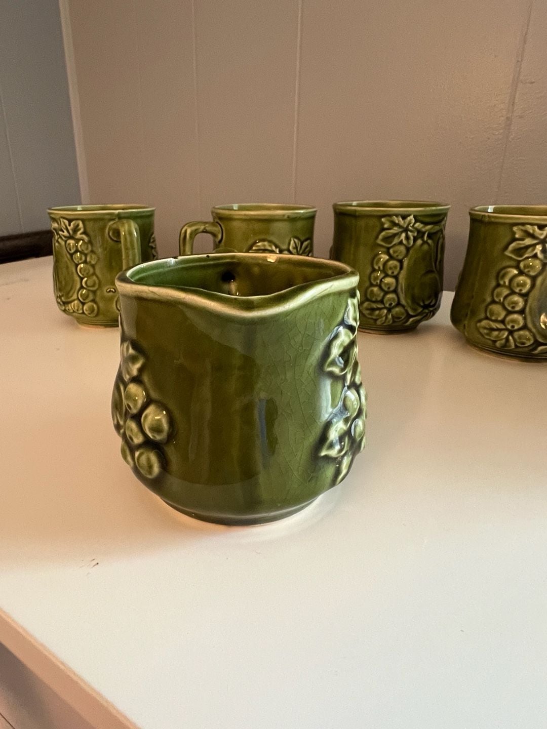 Vintage Japanese Green Ceramic Tea Set with Fruit and Vegetable Motif, 6-Piece 16