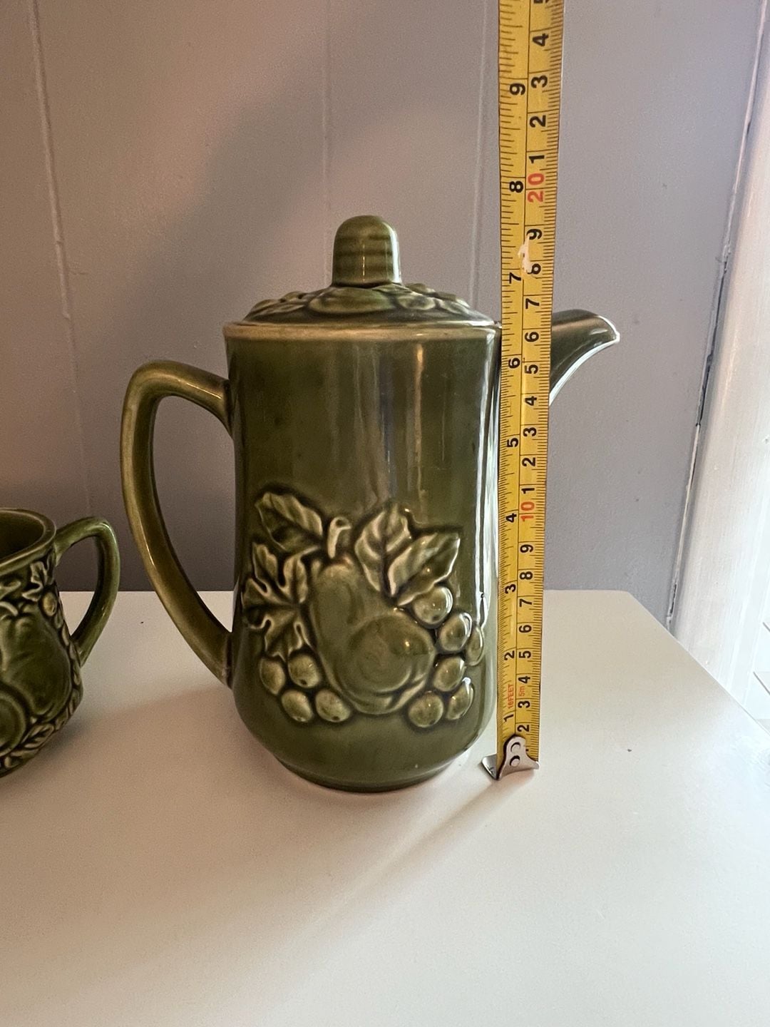 Vintage Japanese Green Ceramic Tea Set with Fruit and Vegetable Motif, 6-Piece 17