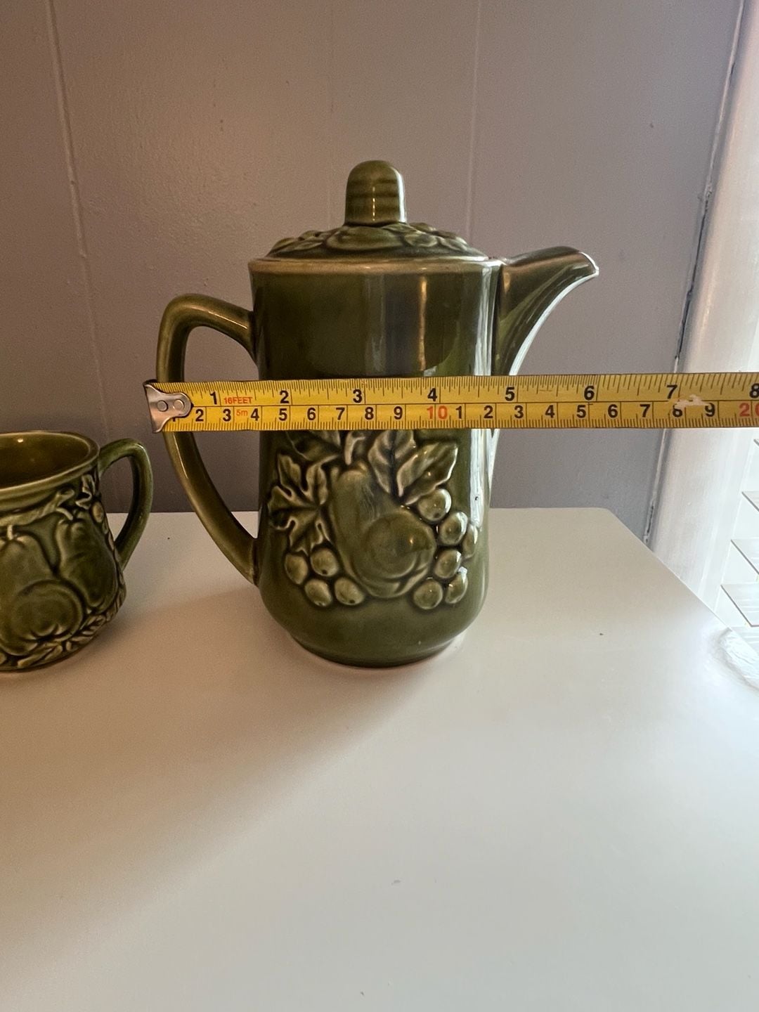 Vintage Japanese Green Ceramic Tea Set with Fruit and Vegetable Motif, 6-Piece 18