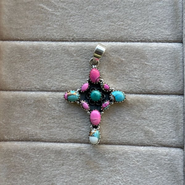 Southwest Artisan Handmade Sterling Silver Kingman and Cotton Candy Turquoise Cross Pendant