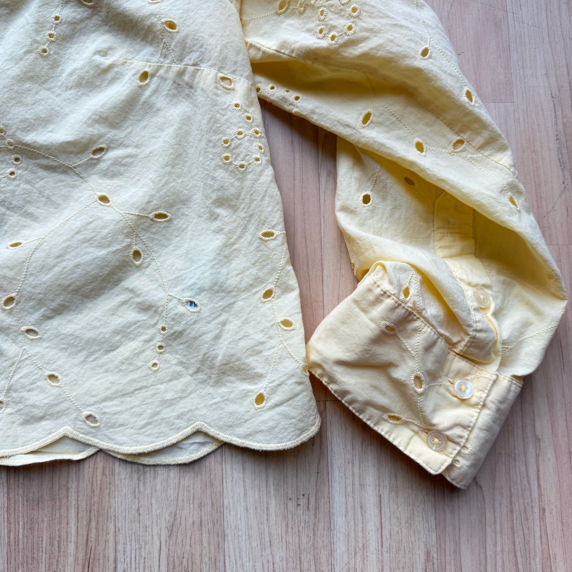 Butter Yellow 100% Cotton Eyelet Button Down Crop Blouse Long Sleeve 4
