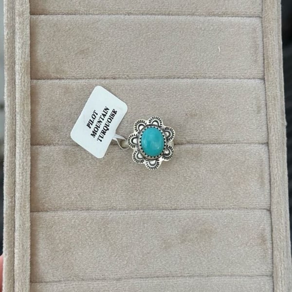 Southwest Artisan Handmade Pilot Mountain Turquoise Sterling Silver Flower Ring