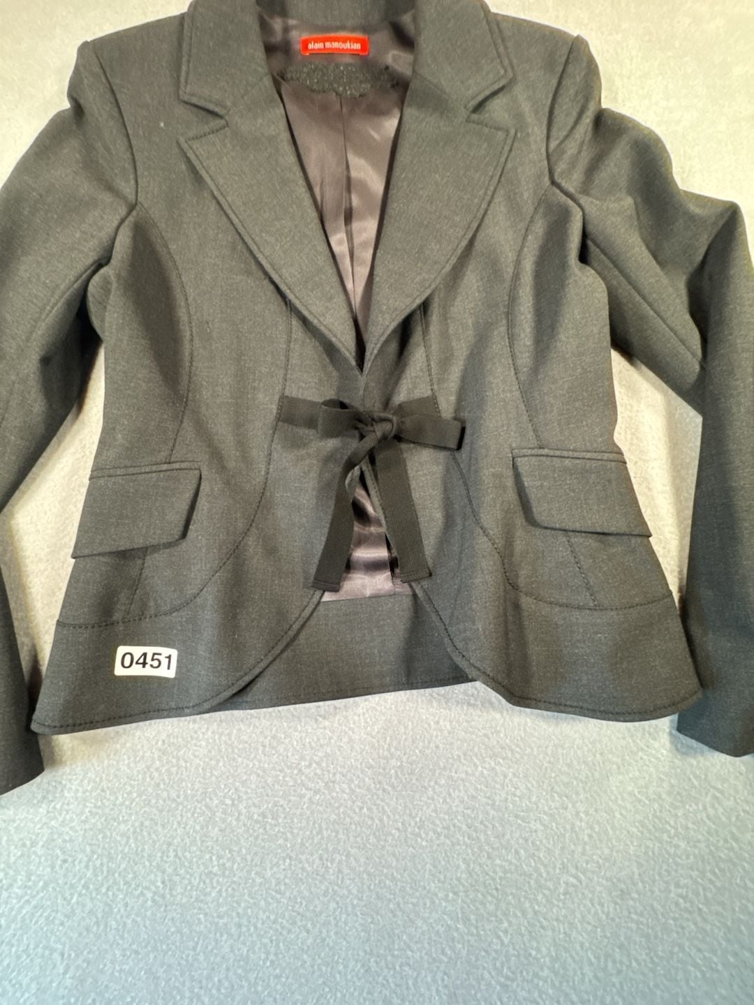 Alain Manoukian Gray Blazer Jacket with Front Tie Bow Notch Lapel Size US 8 4