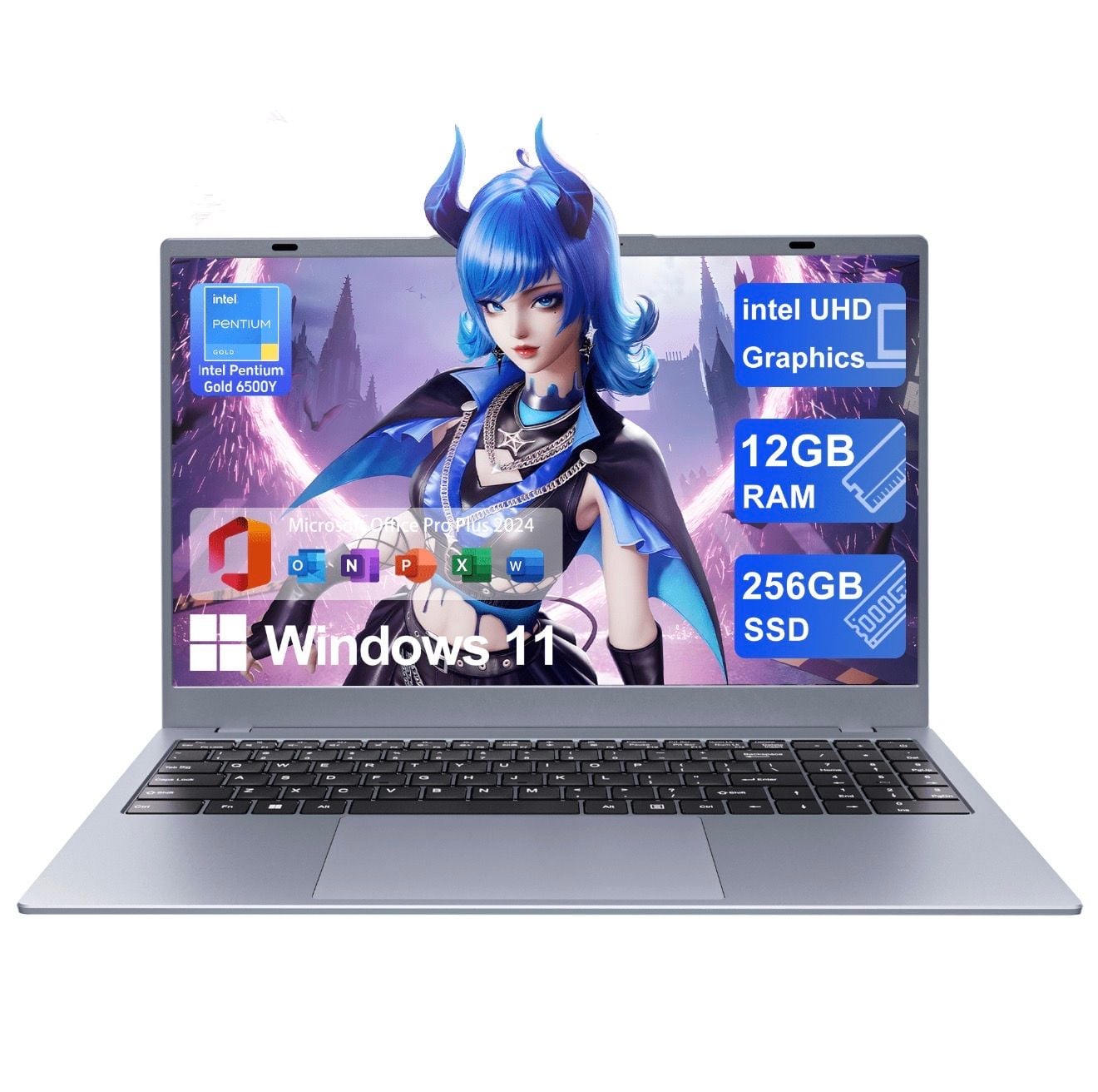 15.6” FHD Silver Laptop Intel Pentium Gold 6500Y 12GB RAM 256GB SSD Win 11 2
