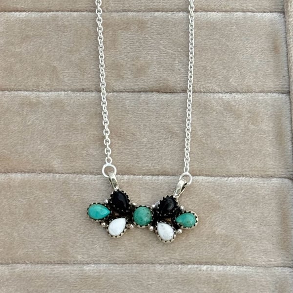 Southwest Made Sterling Silver Cluster Necklace with Turquoise and White Buffalo