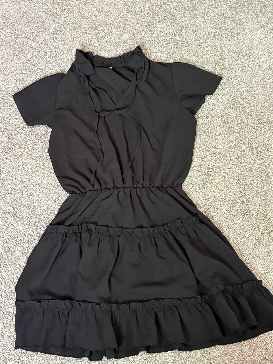 Unbranded Black Ruffle Tiered A-Line Mini Dress with Tie Neck 2
