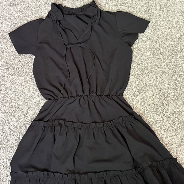 Unbranded Black Ruffle Tiered A-Line Mini Dress with Tie Neck