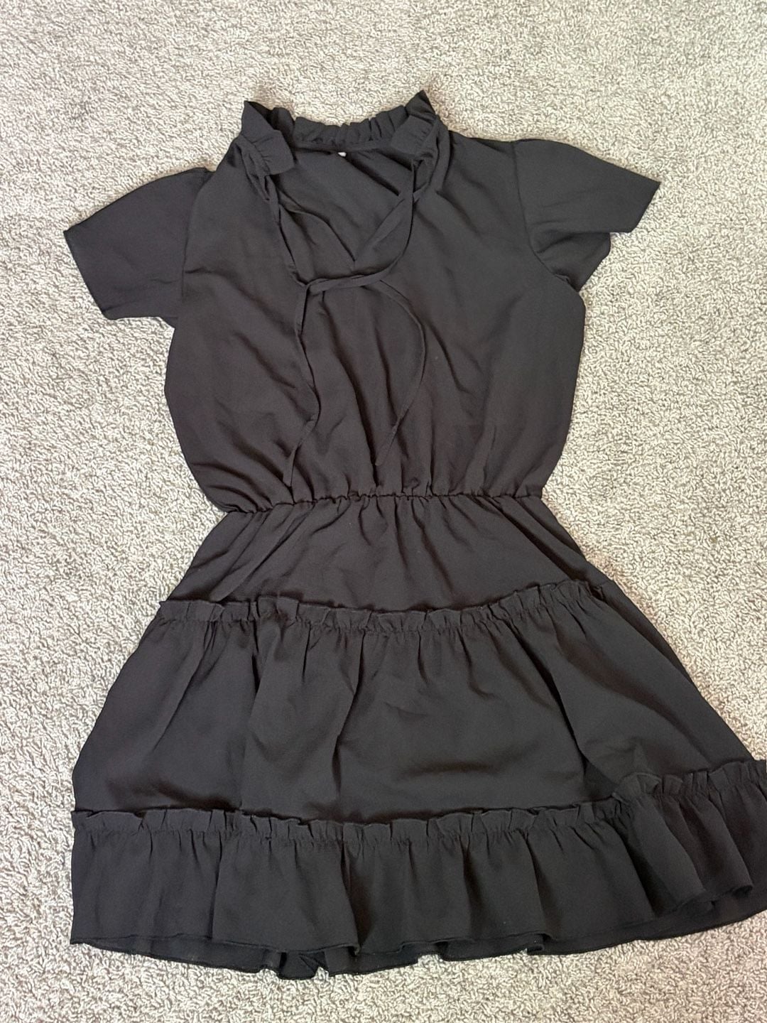 Unbranded Black Ruffle Tiered A-Line Mini Dress with Tie Neck 3