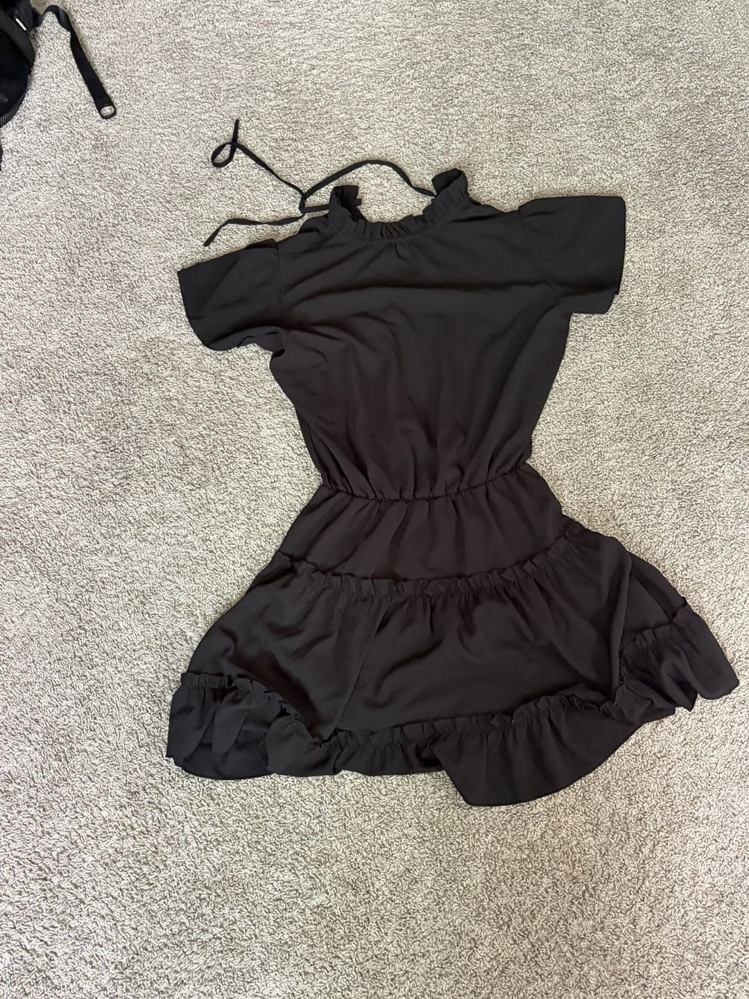 Unbranded Black Ruffle Tiered A-Line Mini Dress with Tie Neck 4