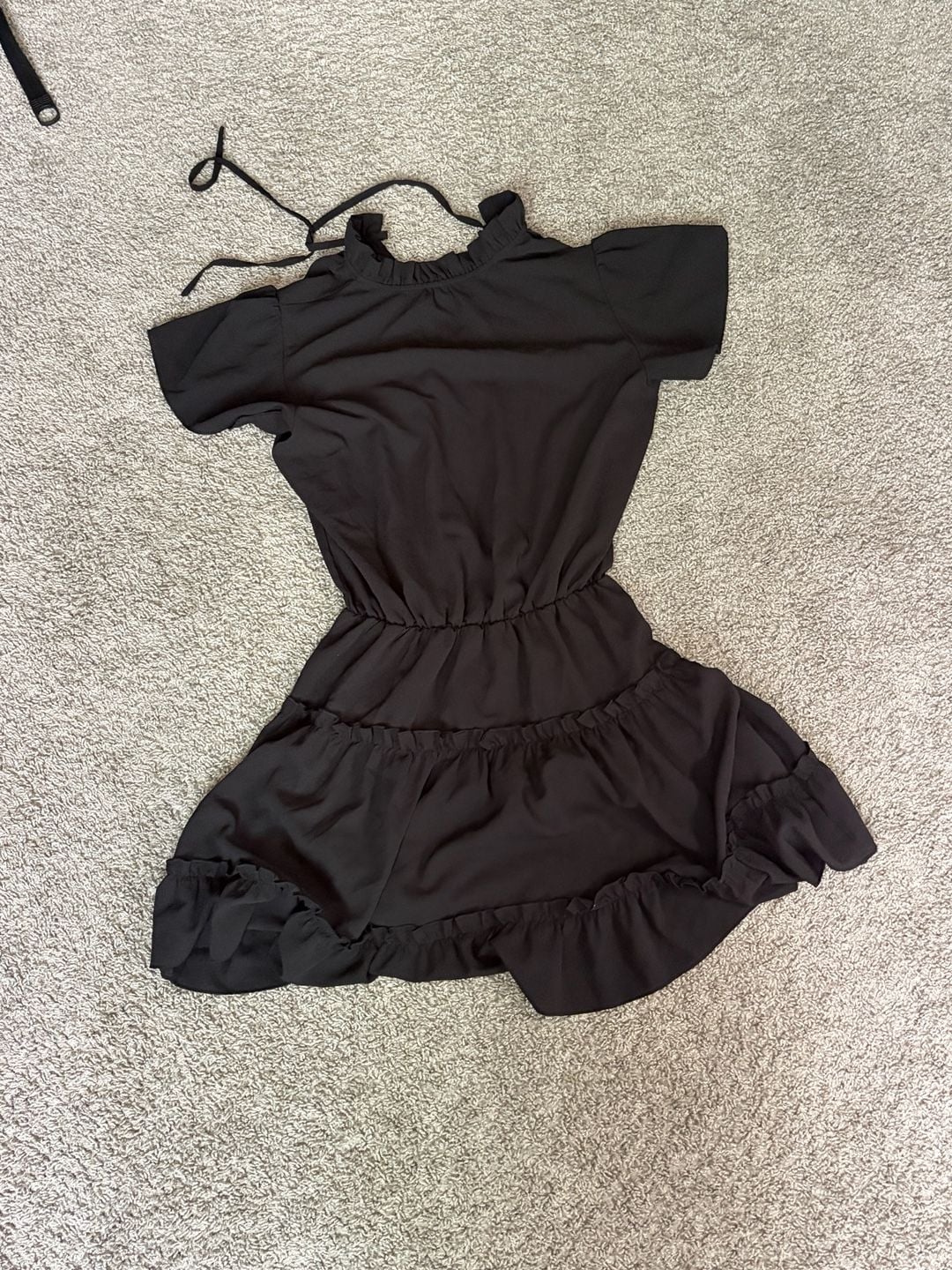 Unbranded Black Ruffle Tiered A-Line Mini Dress with Tie Neck 6