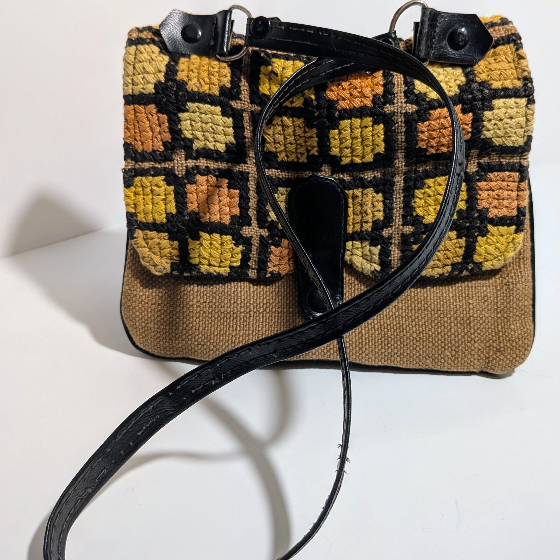 Vintage Handcrafted Crochet Checkered Flap Crossbody Bag 5