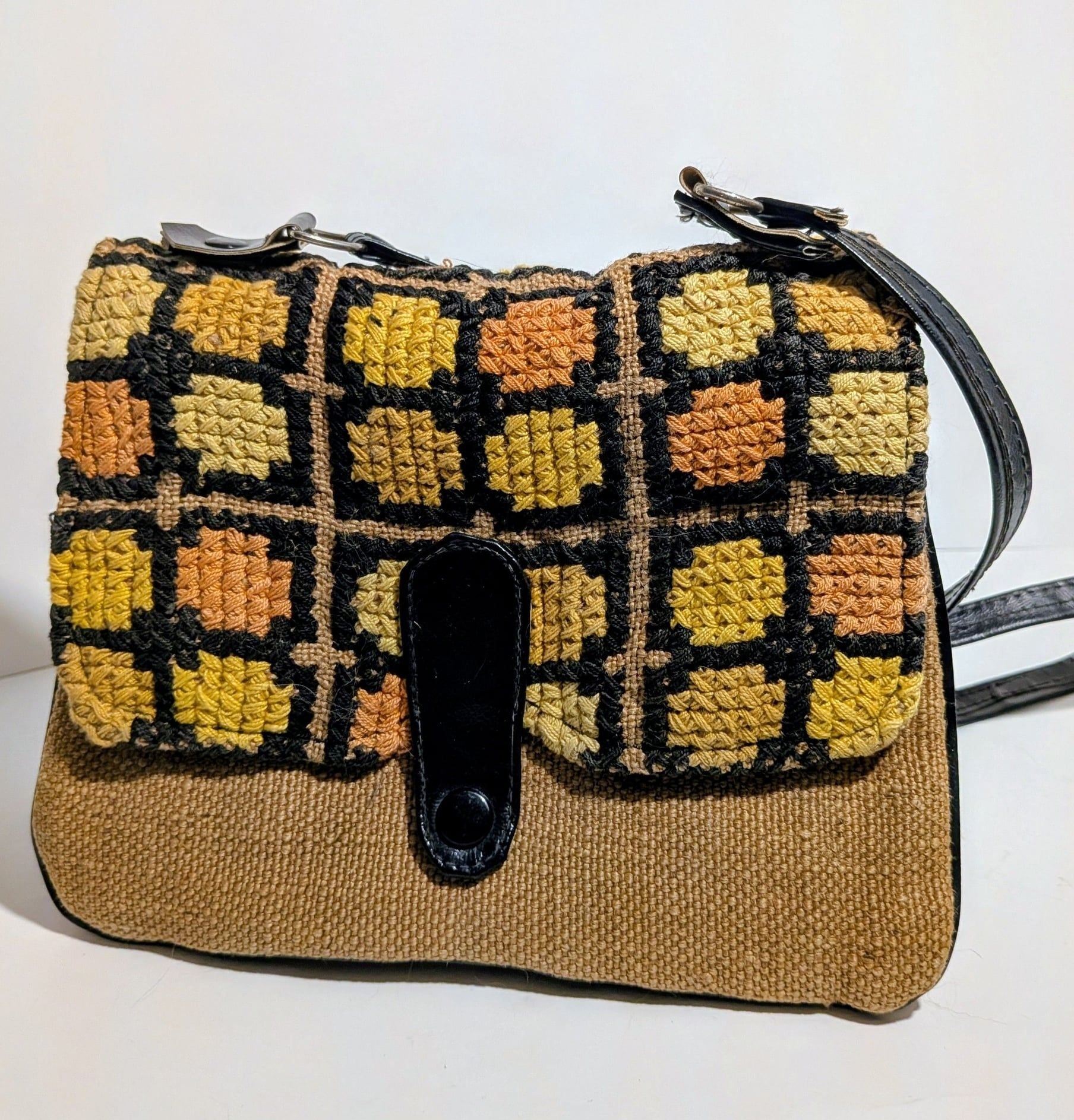 Vintage Handcrafted Crochet Checkered Flap Crossbody Bag 2