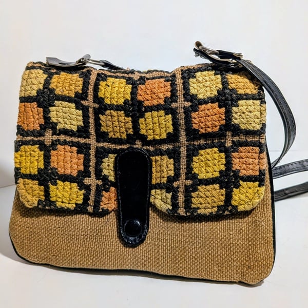 Vintage Handcrafted Crochet Checkered Flap Crossbody Bag
