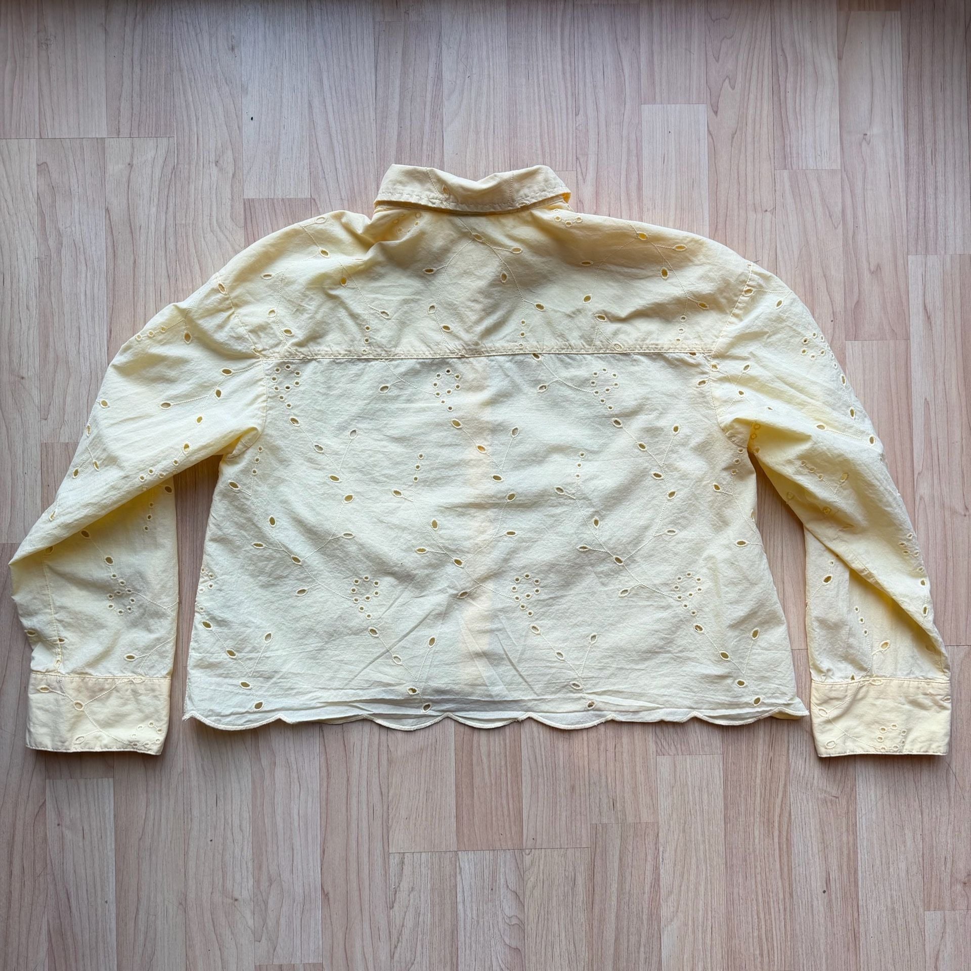 Butter Yellow 100% Cotton Eyelet Button Down Crop Blouse Long Sleeve 5