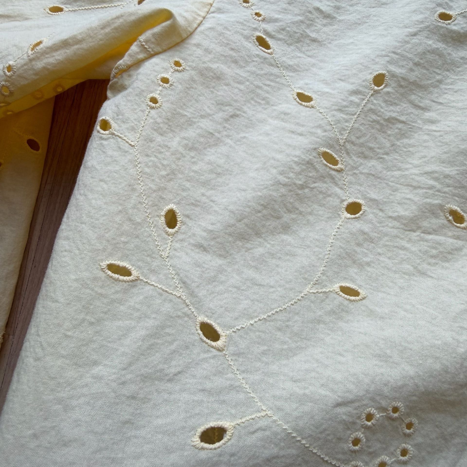 Butter Yellow 100% Cotton Eyelet Button Down Crop Blouse Long Sleeve 9