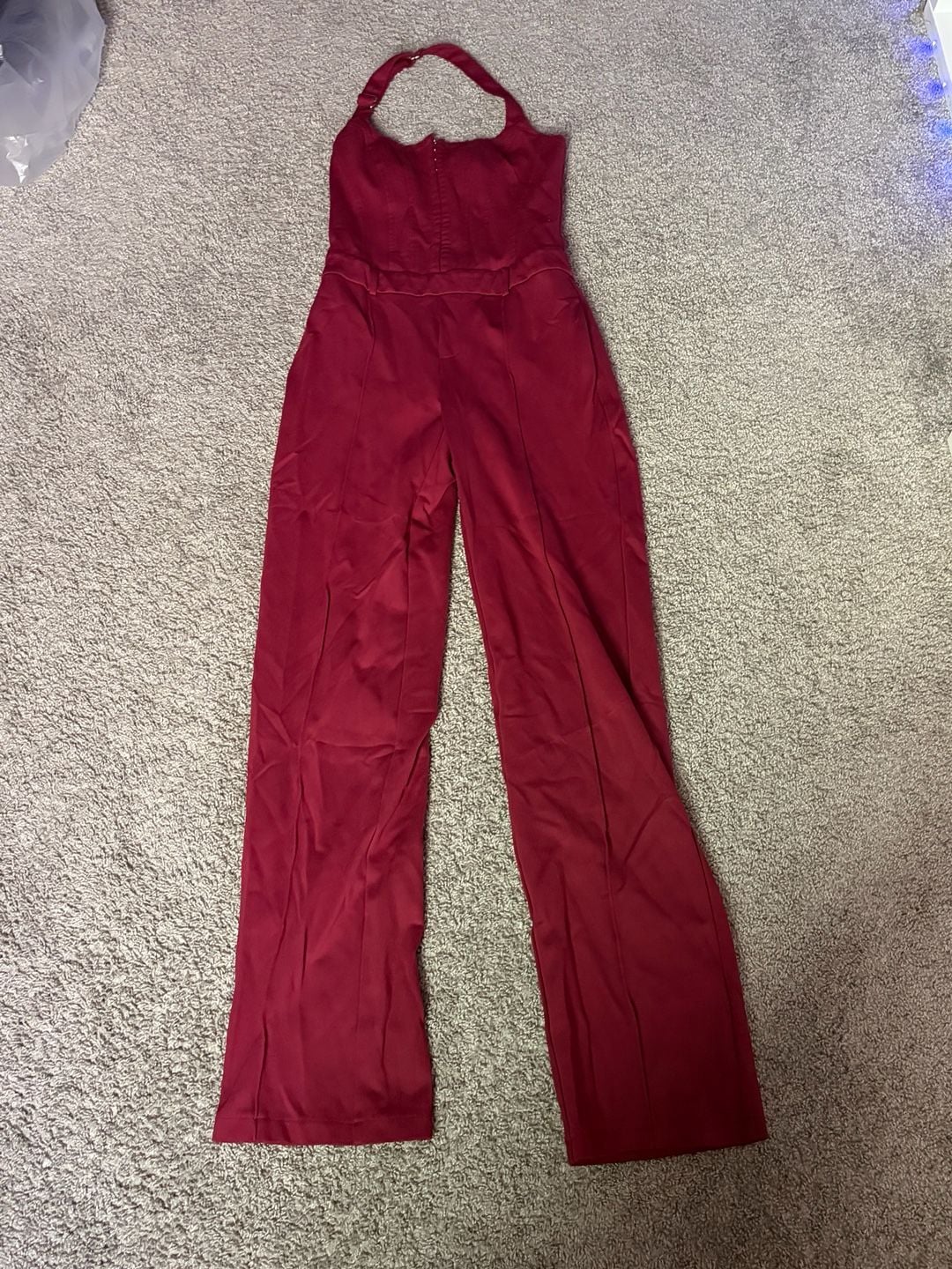 Fashion Nova Halter Neck Wide Leg Jumpsuit Burgundy 6