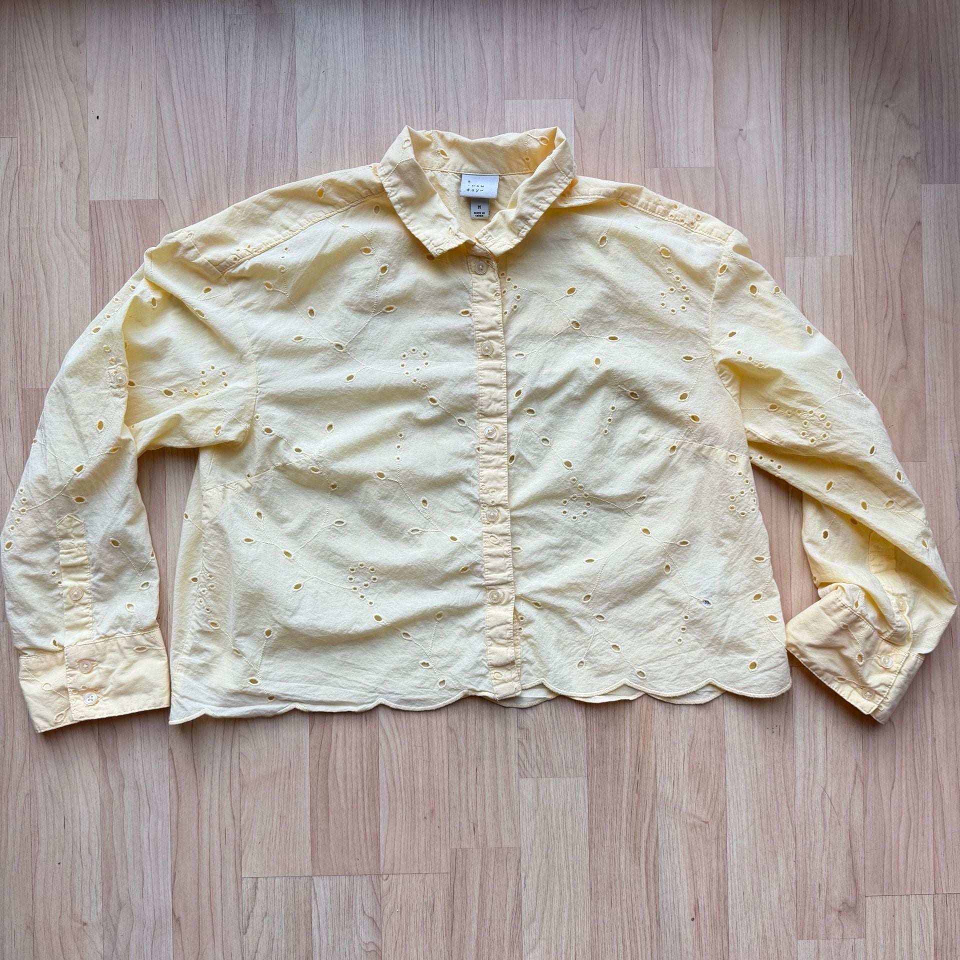 Butter Yellow 100% Cotton Eyelet Button Down Crop Blouse Long Sleeve 2
