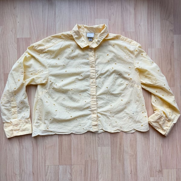 Butter Yellow 100% Cotton Eyelet Button Down Crop Blouse Long Sleeve  