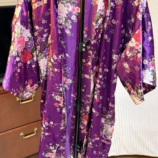 EPLAZA Purple Floral Satin Kimono Robe L/XL