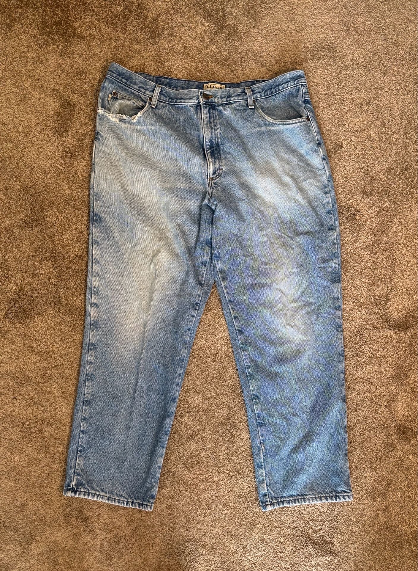 Vintage L.L. Bean Jeans Mens 42x32 Flannel Lined Plaid Natural Fit Workwear Blue 2
