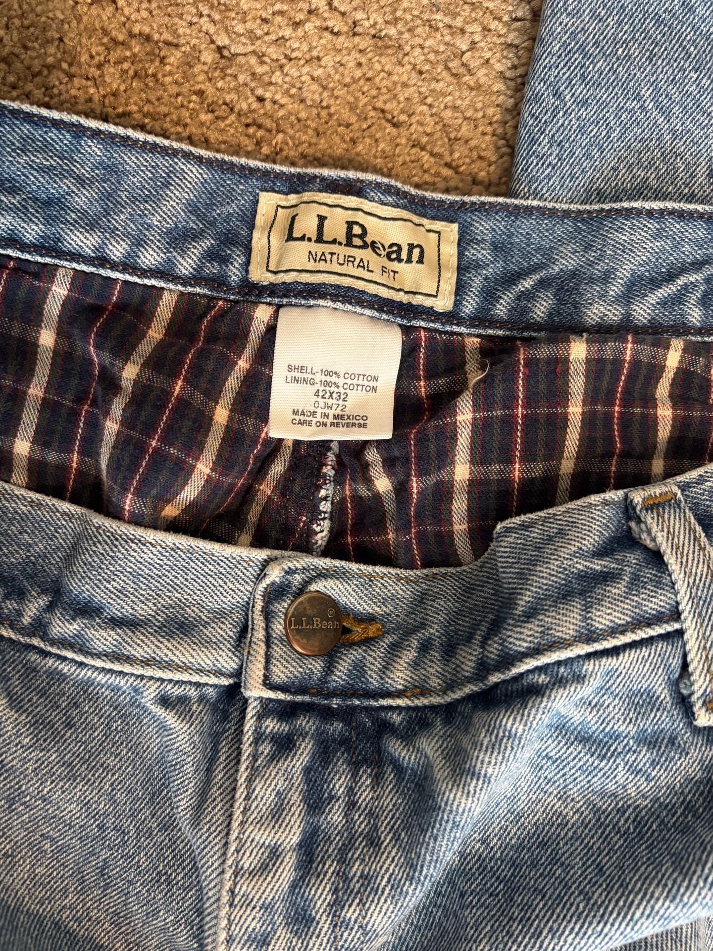 Vintage L.L. Bean Jeans Mens 42x32 Flannel Lined Plaid Natural Fit Workwear Blue 3
