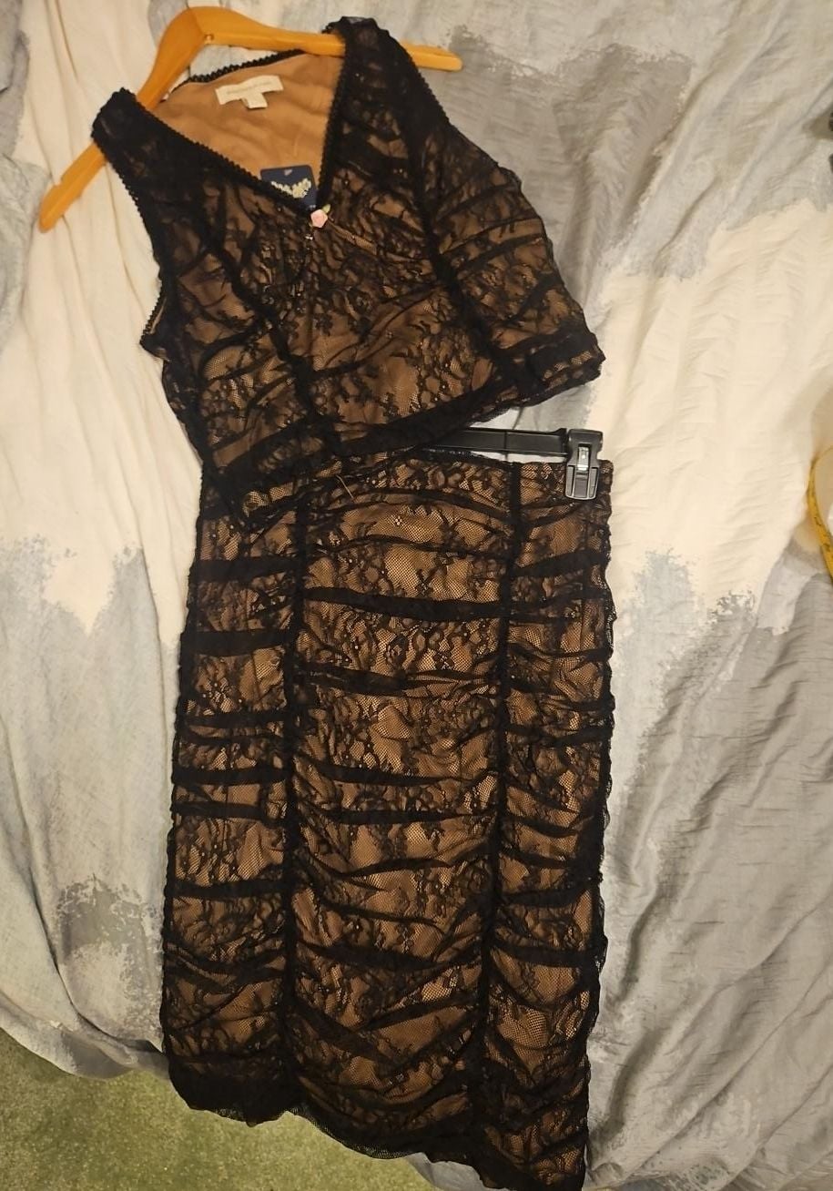 Monteau Los Angeles Black Lace Ruched Two-Piece Set Dress 4
