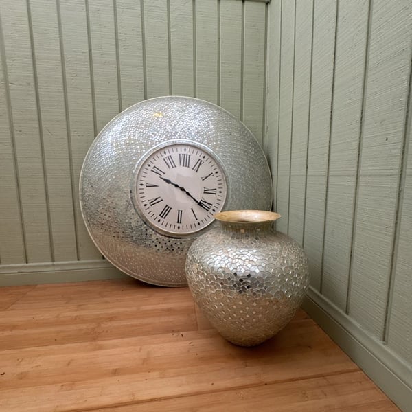 DecorShore Decorative Mosaic Wall Clock, 22.5" Silent Motion Wall Clock with Embossed Silver Metallic Glass Mosaic