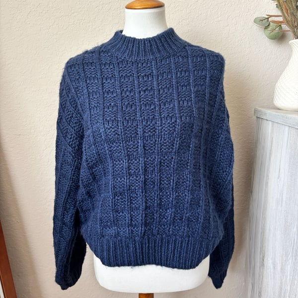 FRNCH Paris Navy Blue Chunky Cable Knit Mock Neck Fisherman Womens Sweater S